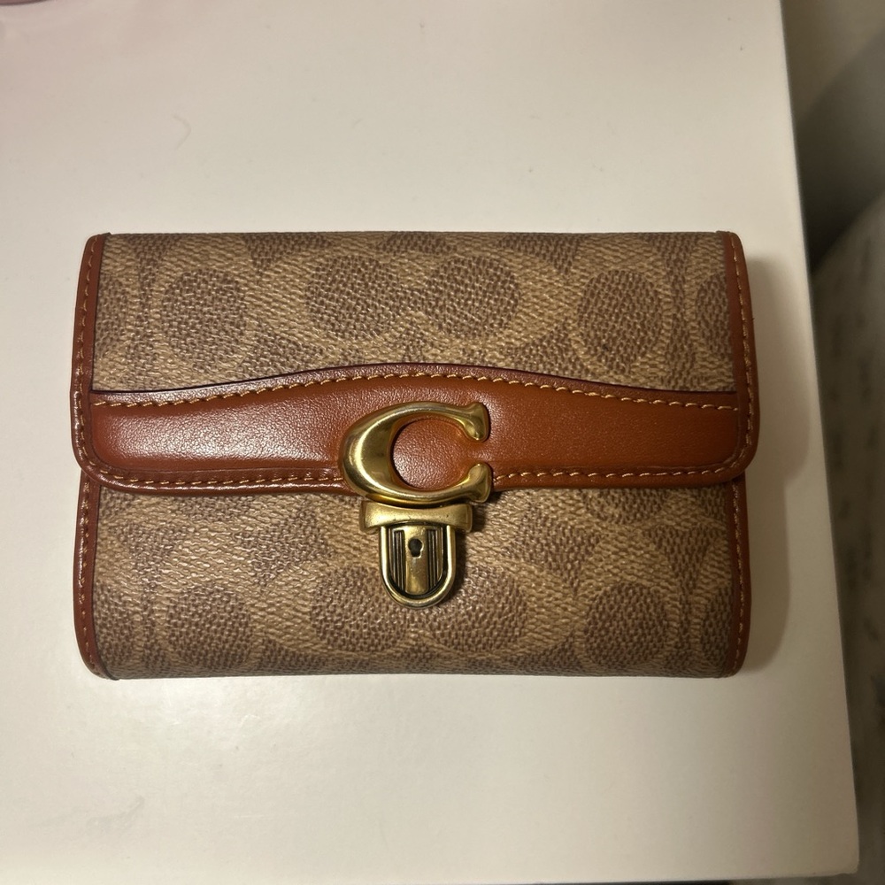 Coach Signature Brown and Tan Wallet with Gold Clasp